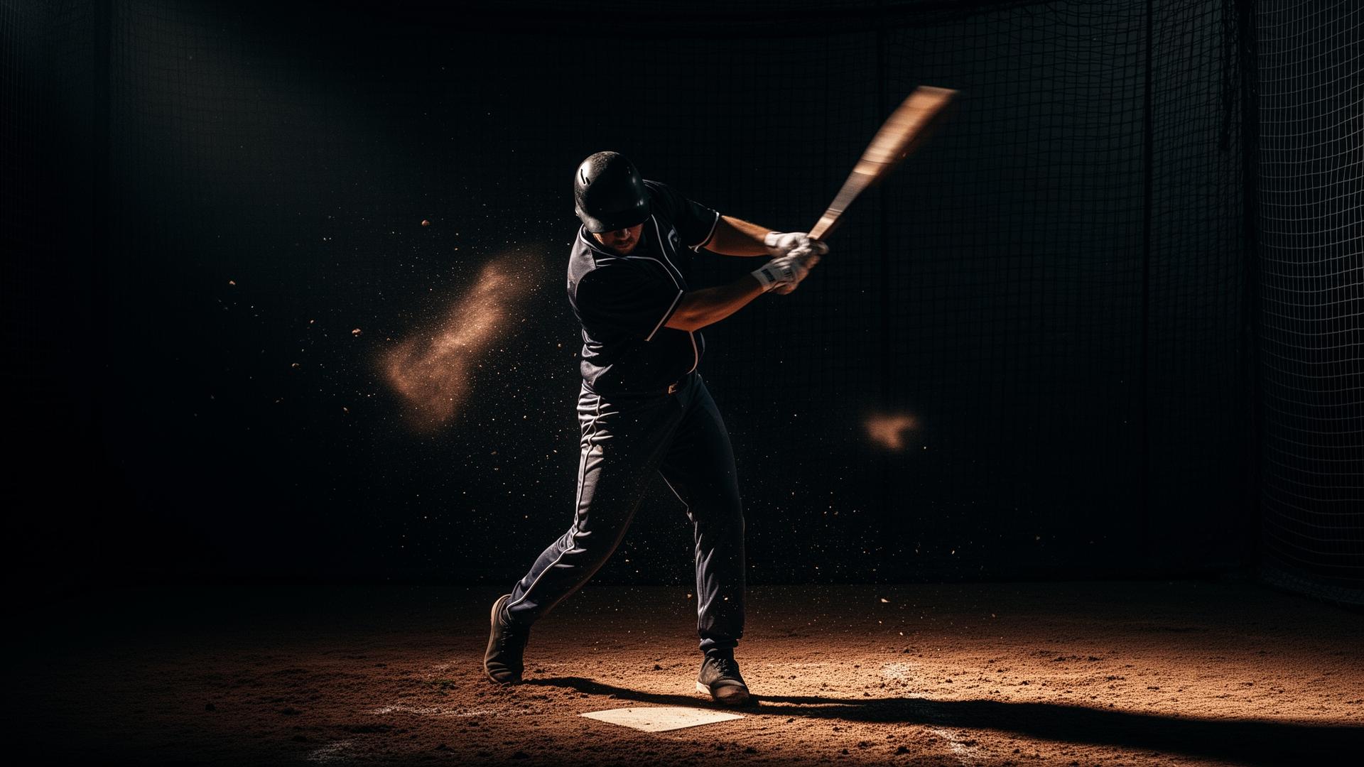 Baseball player swinging in an indoor batting cage